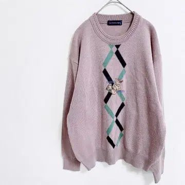 A190 로우그래함/니트 스웨터/M/연보라/강아지 패턴/니트