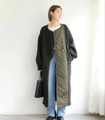 새상품급 디스코트 아지메 퀼팅 배색 코트 [ F ] 이소재 절개 롱 기장