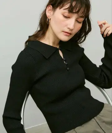 Lutim by U 롱 슬리브 폴로 옷깃 리브 상의