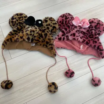 미키 모양 귀 달린 퍼 모자 2세트 레오파드 무늬