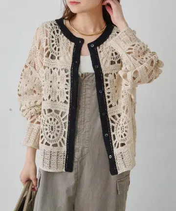 크로셰 뜨개질풍 미세 배색 가디건