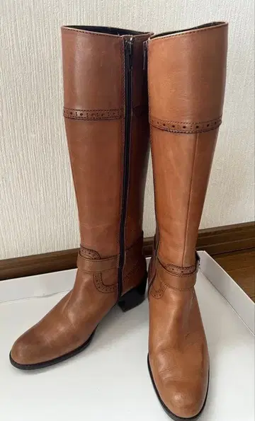 ing 브라운 카멜 가죽 롱 부츠 낮은 힐 23 EE