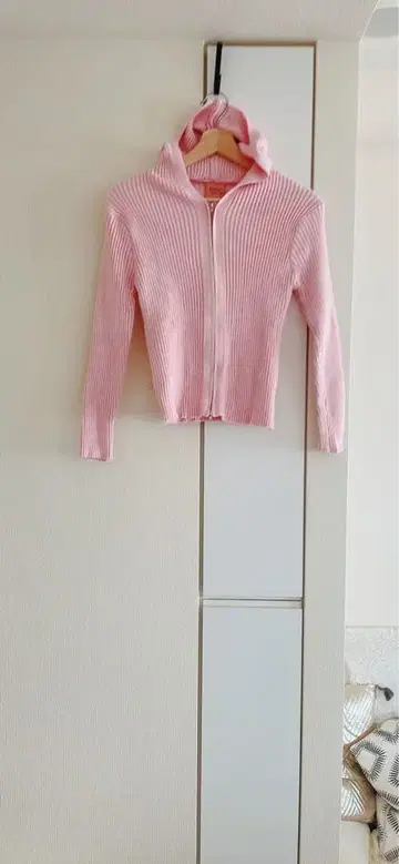 후드 부착 리브 가디건 핑크