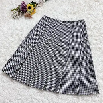 에스프리 뮬 [ M ] 플리츠 스커트 무릎 기장 하운드투스 화이트 블랙