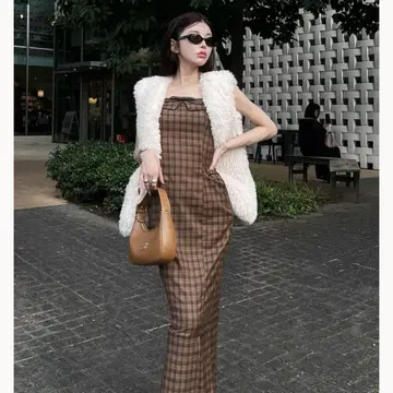 Darich 다리치 가죽 리본 체크 롱 원피스