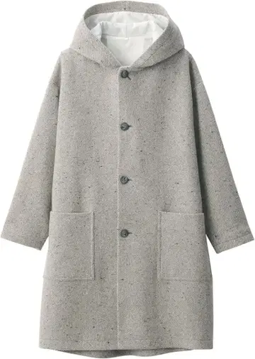 새상품급 MUJI 코트 여성 울 혼방 능직 후드 부착 코트 여성용 S