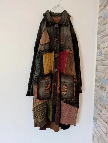 이소재 데님 패치워크 니트 디자인 롱 코트