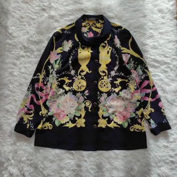 긴팔 블라우스 네이비 꽃무늬 둥근 카라 화려한 일본제 빅