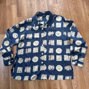 실크 네이비 기하학 패턴 긴팔 셔츠