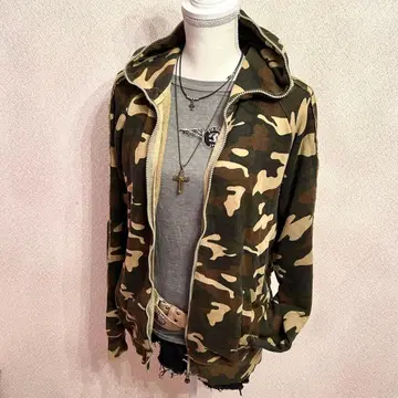 y2k 헤이세이 하이드로겐 카모플라쥬 스컬 펑크 긴팔 풀 집업 후드티