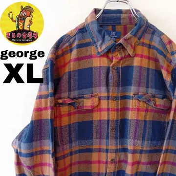 USA 구제 의류 george 플란넬 셔츠 XL 네이비 오렌지 체크