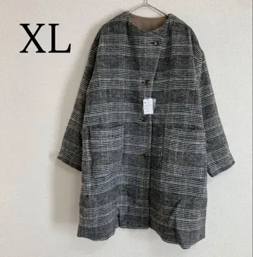 롱 코트 노카라 체크 무늬 울 소재 XL 글렌체크 아우터