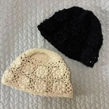 무목테키 꽃 무늬 크로셰 모자 니트 모자 비니 2개 블랙 아이보리