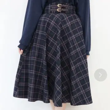 an another angelus 더블 벨트 빅 체크 플레어 스커트