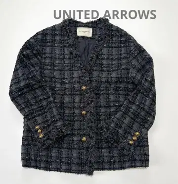 유나이티드 애로우즈 노카라 자켓 팬시 트위드 V넥 36