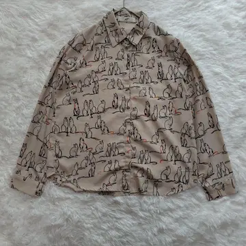 Mt 고양이 프린트 긴팔 셔츠 베이지