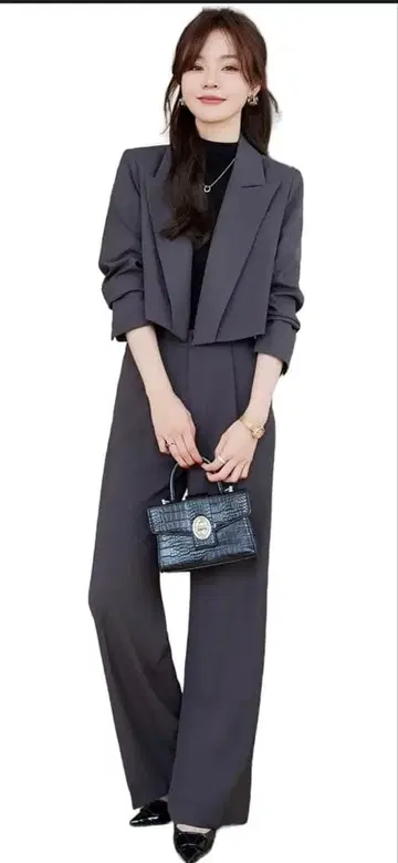 그레이 팬츠 셋업 크롭 자켓