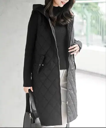 퀼팅 롱 베스트 후드 부착 블랙