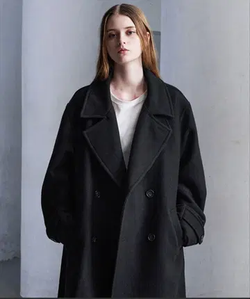 [ CLEL ] 울 블렌드 테크 멜톤 더블 체스터 코트 S 블랙