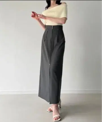 프론트 지퍼 포켓 내로우 스커트 (얇은 소재, 안감 없음) S 사이즈