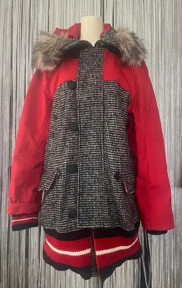 HILFIGER 퍼 후드 빨간색과 블랙 체크 무늬 점퍼