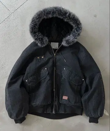 Perushu 빈티지 라이크 데님 후드 퍼 블루종 블랙 M