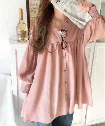 전후 2WAY 배색 스티치 볼륨 개더 튜닉 블라우스 (7분 소매)