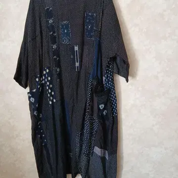 작가 빈티지 원단 네이비 계열 패치워크풍 긴팔 원피스