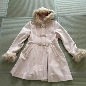 핑크 더플 코트 금장 장식 클로징 후드 퍼 포함 귀여운 L 사이즈