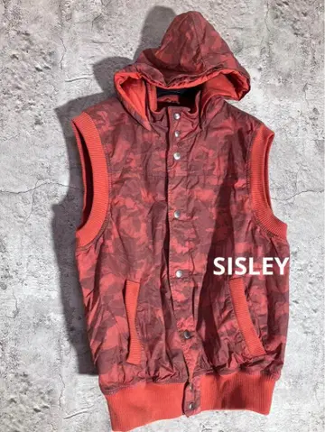SISLEY 카모플라주 카모 패턴 후드 부착 오렌지 베스트