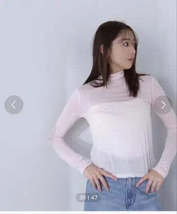 내추럴 뷰티 베이직 하이넥 시어 티셔츠 핑크