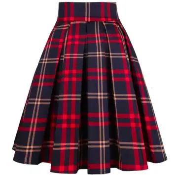 빨간색 x 네이비 체크 무늬 종아리 기장 플레어 스커트