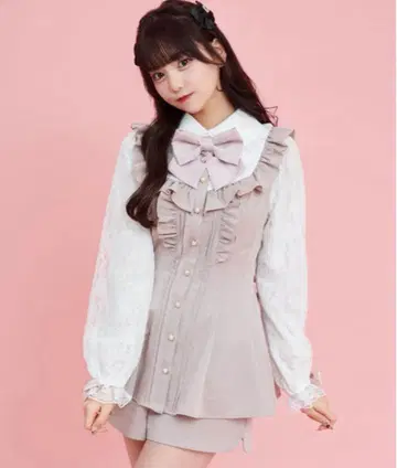 Secret Honey 소매 레이스 핀턱 프릴 요크 절개 셋업 핑크