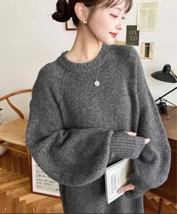 그레이 볼륨 슬리브 니트 원피스