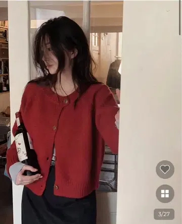 nugu 두꺼운 원단 라운드넥 톤다운 컬러 니트 가디건 레드