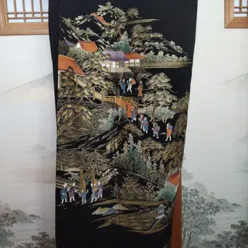 블랙 전통 예복 기모노 풍경화 실크 소재