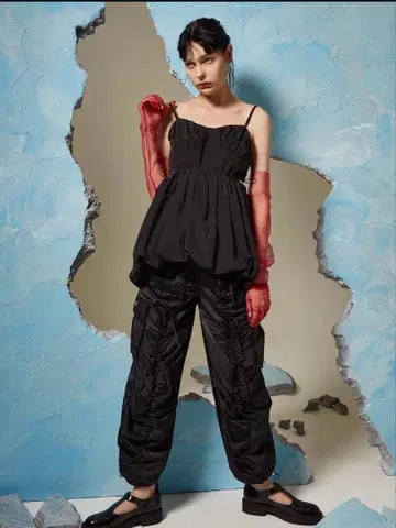 POPPY 개더 리본 카고 팬츠 블랙