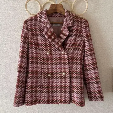 eimy MALHIA 체크 트위드 펄 버튼 자켓 S 핑크