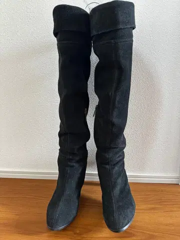 블랙 스웨이드 니하이 부츠 편안한 힐