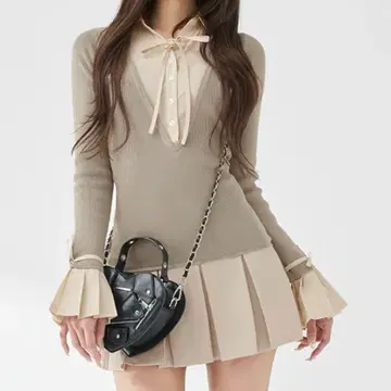 다리치 셔츠 도킹 플리츠 미니 원피스 GRY