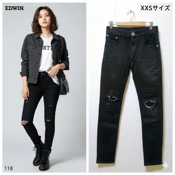 에드윈 데미지 스키니 데님 크러쉬 가공 블랙 청바지 슬림