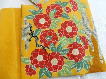 순수 실크 크레이프 원단 나고야 오비 산황색에 동백꽃