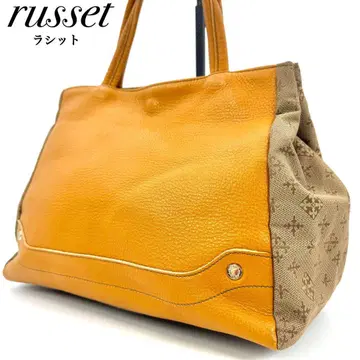 새상품급 러셋 마츠시마 하나 콜라보 콤비 토트 핸드백 가죽 절개 주황
