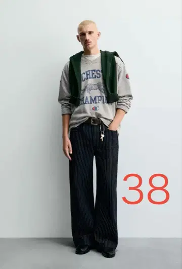 ZARA CHAMPION 스트라이프 배기 핏 청바지 38