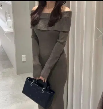 rienda 브라운 니트 오프숄더 원피스