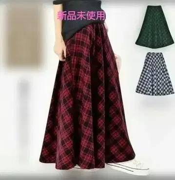 빨간색과 검은색 체크 무늬 플레어 롱 스커트