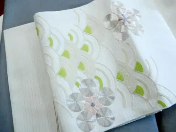 순수 실크 명주 나고야 오비 비침 사가라 자수 은 부품 자수