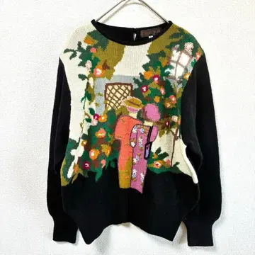빈티지 쇼와 레트로 로망 로제 우나 회화풍 아트 패턴 스웨터 울 100%