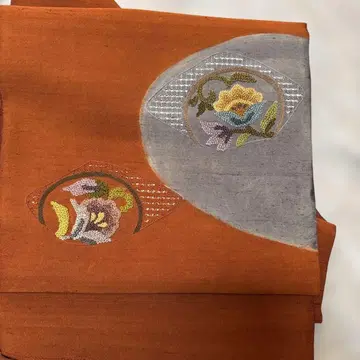 나고야 오비 오렌지 그레이 꽃무늬 자수  자수 상라 자수