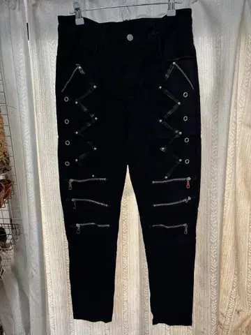 남성용 블랙 레이스업 지퍼 스키니 팬츠 S 상당